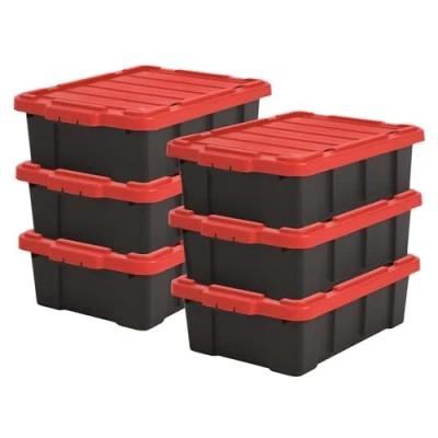 Afbeelding van Iris Ohyama, Opbergdoos van kunststof, garage, 25 l, set 6, DDSKT 230, zwart/rood, L 59 x D 38,5 H 18 cm.