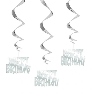 Afbeelding van Set van 3 Happy Birthday hangdecoraties zilverfolie (81 cm) leuke elegante feestdecoratie