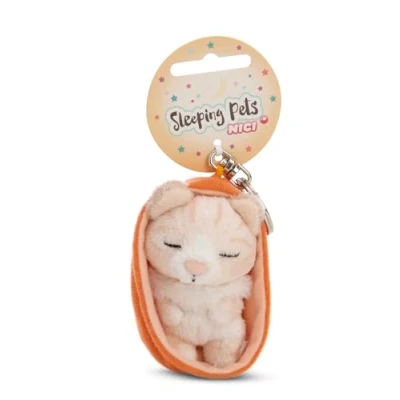 Afbeelding van NICI sleutelhanger Slapende Huisdieren Kat 8cm in Mandje beige Trouwe metgezel voor rugzak of tas, klein en groot 61607