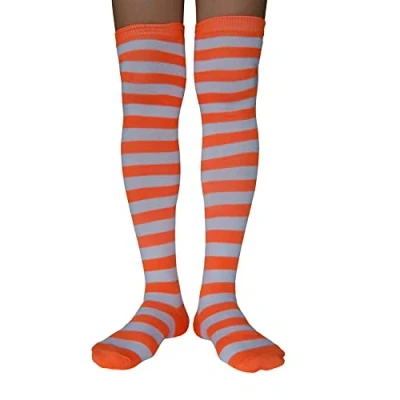 Afbeelding van AUSUAYA Damessokken van katoen, gestreept, voor cosplay, gothic, Kerstmis, GB LW 3, Witte en oranje strepen