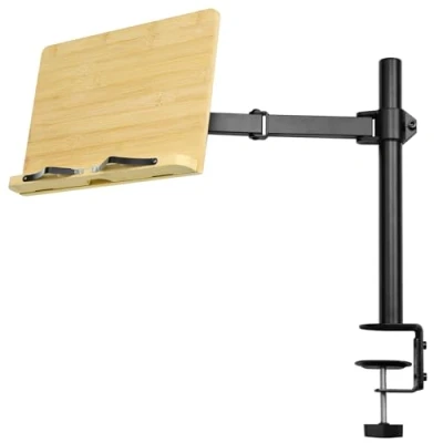 Afbeelding van Navaris bamboe boekenstandaard met arm Past op tafels bureau of aanrecht Houder voor boeken tablet ereader bladmuziek 34 x 45 55 cm Zwart