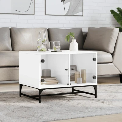 Afbeelding van Salontafel met glazen deuren 68,5x50x50 cm wit