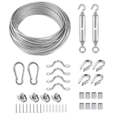 Afbeelding van Draadkabel 3 mm RVS, 20 m/3 staalkabel gecoat, met ogen, M5 kabelspanner, spandraad, spanset voor buiten, licht ophangen, hekspannerset