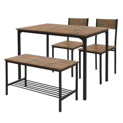 Afbeelding van Eetkamerset met bank 4 delig eettafel en stoelen rustiek eiken stalen frame ML design