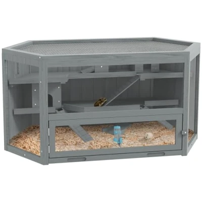 Afbeelding van PawHut Cage à 3 étages pour rongeurs et petits animaux en bois souris hamster avec couvercle rabattable Fenêtre de visualisation Rampe 115 x 60 55 cm Gris