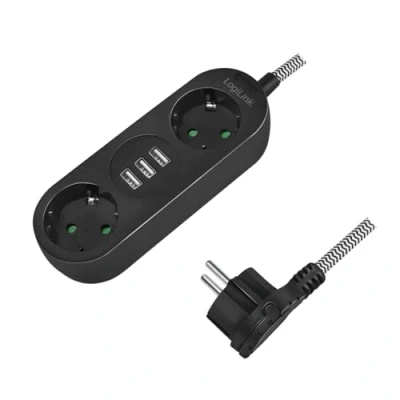 Afbeelding van LogiLink LPS262U 2+3 stekkerdoos met 2 CEE 7/3 stopcontacten en 3 USB A (5 V/3,2 16 W), mantel, IP20 geïntegreerde veiligheidsmoer (contactbeveiliging), zwart