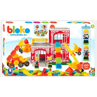 Afbeelding van BLOKO Grote brandweerkazerne set 100 stuks + 2 3D figuren vanaf 12 maanden eenvoudig te hanteren speelgoed voor kinderen 1 jaar Made in Europe 503635