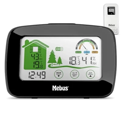 Afbeelding van MEBUS Functioneel weerstation met buitensensor, thermometer/hygrometer (binnen/buiten), welvoerdikator gewaardeerd kamerklima, min /max functie, displayverlichting, kleur: zwart, model: 40902