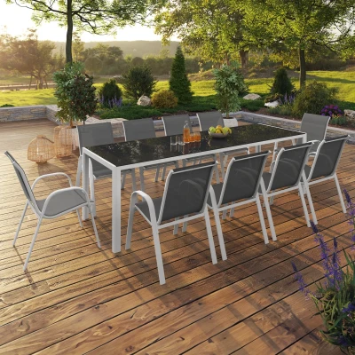 Image de Salon de jardin MADRID table 240 CM et 10 chaises empilables blanc gris