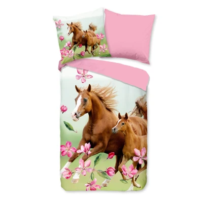 Afbeelding van Dekbedovertrek voor Kinderen 135x200 cm Paarden en Roze Bloemen Print Multi 1 Persoons