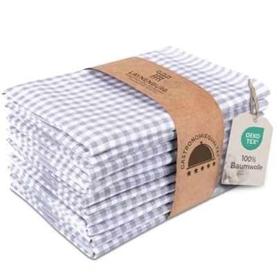 Afbeelding van LAYNENBURG 10 stuks premium theedoeken geruit 100% katoen Oeko TEX Standard 100 50 x 70 cm &amp; haak pluisvrij en modern keukendoeken vintage (grijs)