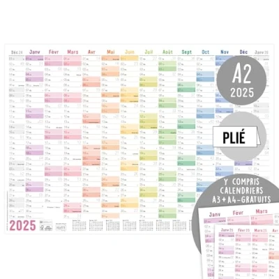 Afbeelding van Häfft® Wandkalender 2025, A2, in het Frans &quot;Rainbow&quot; (59,4 x 42 cm), gevouwen, wandplanner met Franse feestdagen + extra kalenders A3 en A4, duurzaam klimaatvriendelijk