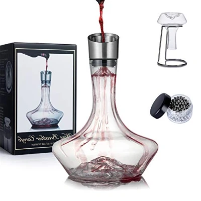 Afbeelding van YouYah Iceberg Wijnkaraf set met beluchterfilter, droogrek en reinigingsparels, wijnkaraf, wijnbeluchter, 100% handgeblazen loodvrij kristalglas (1400 ml)