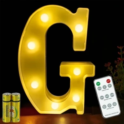 Afbeelding van HONPHIER® Lichtgevende letters, letterlamp, alfabet, lichtlamp, led, afstandsbediening, decoratie, werkt op batterijen, voor feest, bruiloft, Kerstmis, huis, bar, decoratie (G)