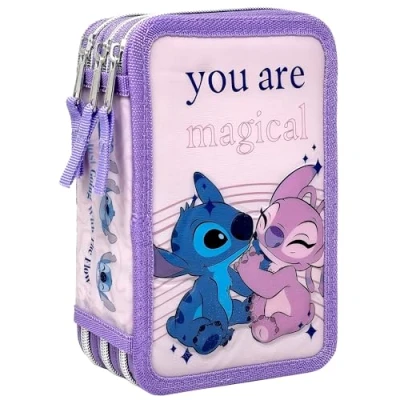 Afbeelding van Clondo Etui met 3 vakken, 3D kinderen, jongens en meisjes, drievoudige vulling, 44 accessoires voor school, jongens, ritssluitingen, 20 cm, viltstiften, potloden, schrijfwaren, Stitch 24b