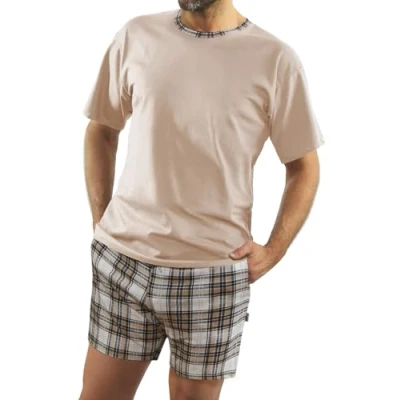 Afbeelding van Sesto Senso Pyjama voor heren, kort, katoen, T shirt, shorts, korte mouwen, zomer, shirt beige met geruite details; broek geruit, M
