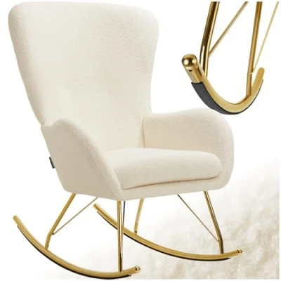 Afbeelding van tectake® Swing Schommelstoel Gestoffeerde Bouclé Fauteuil met Stalen Glijders en Extra Dik Zitkussen Scandinavisch Design, Onderhoudsvriendelijk Ergonomisch creme/goud