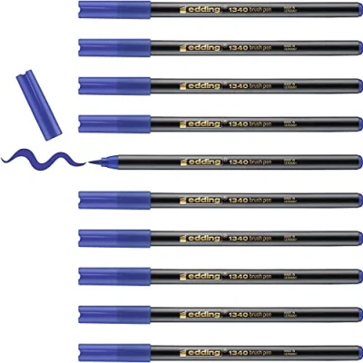 Afbeelding van Edding 1340 viltstiften met penseelpunt, blauw, 10 pennen, flexibele viltstift voor schilderen, schrijven en tekenen, notitieboeken, mandala&#039;s, kalligrafie