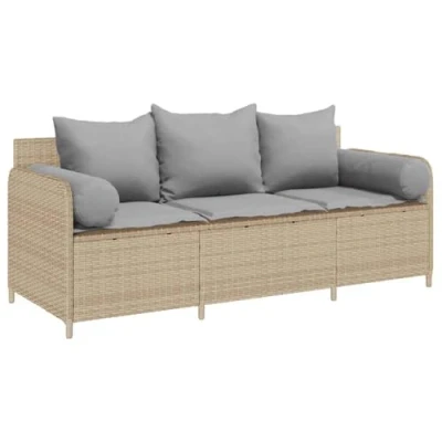 Afbeelding van Tuinbank 3 zits met kussens poly rattan beige