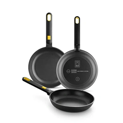 Afbeelding van Bra Daily Pro Set van 3 pannen gegoten aluminium, 20 24 28 cm, antiaanbaklaag, Pfoa vrij, compatibel met alle soorten inductiekookplaten, zwart en geel