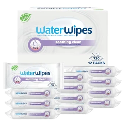 Image de lingettes WaterWipes apaisantes et nettoyantes pour Bébé, 720 (12 paquets), avec 99% d&#039;eau d&#039;extraits botaniques, humides le visage corps