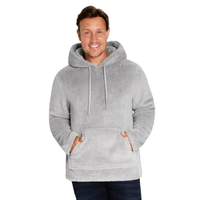 Afbeelding van Herentrui Pilou sweatshirt voor heren met capuchon fleece pluche schapenvacht maten volwassenen tieners van M tot 3XL, grijs.