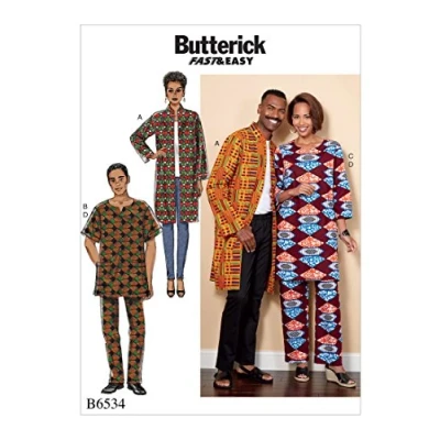 Afbeelding van Butterick Patterns 6534 XN, jas, tuniek en broek voor dames heren, maten XL XXXL, meerkleurige stof, 17 x 0,5 22 cm