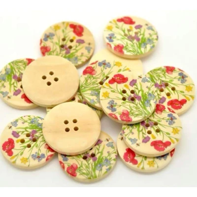 Afbeelding van CansyY Set van 20 ronde houten knopen Bloemenpatroon 30 mm Natuurlijk 4 gaten Voor naaien, scrapbooking, jas, blouse, doe het zelf