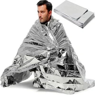Afbeelding van Retoo Multifunctionele survivaldeken, zilverkleurig, 130 x 210 cm, met reddingsfolie, thermische deken, noodbeschermingsdeken, EHBO set