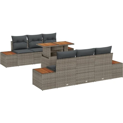 Afbeelding van vidaXL 7 delige tuin eetset met kussens grijs poly rattan acacia