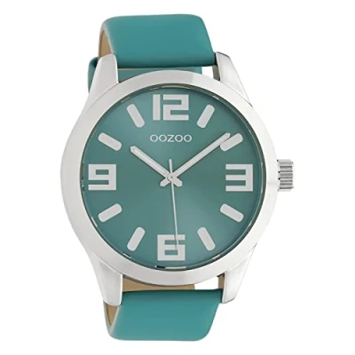 Afbeelding van Oozoo Dameshorloge met leren band Classic Color Line XL 47 mm, C10676 turquoise/turquoise, extra groot, bandjes, Riemen