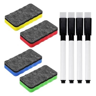 Afbeelding van Set van 4 whiteboard markers, krijtbordmarkers, viltgum, magnetische krijtbordwisser reiniger, whiteboardspons