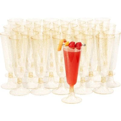 Afbeelding van MATANA 50 stuks herbruikbare plastic champagneglazen 150 ml met goud glitter