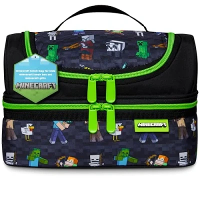 Afbeelding van Minecraft Lunchbox voor kinderen, gamer, koeltas, lunchbox, met drinkfles of dubbel vak, cadeau schoolgang (zwart)