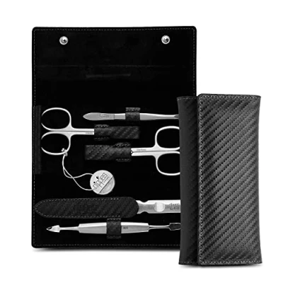 Afbeelding van Nippes Solingen Manicure set 5 delig RVS KARBON Etui Zwart Leer Handgemaakt 25 Jaar Garantie