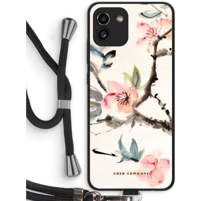Afbeelding van Case Company® hoesje met Koord geschikt voor Samsung Galaxy A03 Japanse bloemen Telefoonhoesje Zwart Bescherming aan alle Kanten en Over de Schermrand