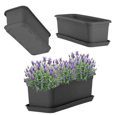 Afbeelding van KADAX plantenbak met onderzetter, balkonbak van kunststof, voor binnen en buiten, bloempot balkon, terras, vensterbank (40 cm, antraciet)