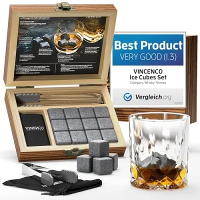 Afbeelding van Vinenco Herbruikbare stalen whiskysteen, tang, stoffen zak, drank, zonder verdunning, ijsblokjes, whisky, basalt, cocktailset, koeling, cadeau voor heren, Ice Cube Rocks Wisky Stones cadeau, set van