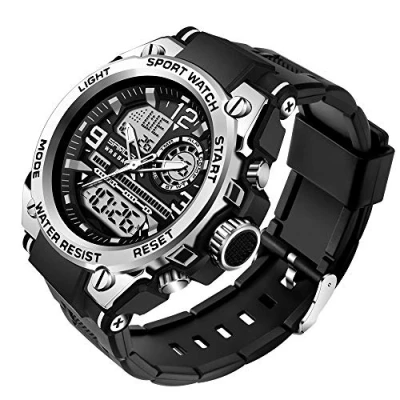 Afbeelding van AIMES Herenhorloge, waterdicht, outdoor, sport, militair, digitaal, analoog, datum, multifunctioneel, led, grote wijzerplaat, alarm en stopwatch, voor heren, Zwart/Zilver, Casual modieuze sportjurk