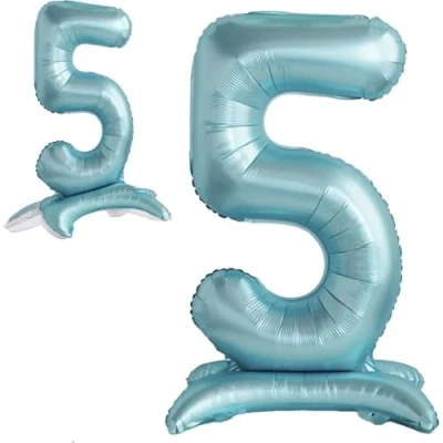 Afbeelding van Ballon 5ème Anniversaire Numéro 5 Bleu Clair Debout XXL Géant en Aluminium 82cm Décoration Garcon de Deco pour Anniversaire.