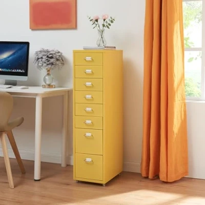 Afbeelding van [en.casa] Caisson de Bureau à 8 Tiroirs Meuble Rangement Roulant Organisateur pour Documents Dossiers avec Porte Étiquettes Fournitures Robuste Moderne Acier 109 x 28 41 cm Jaune