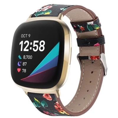 Afbeelding van Fitbit Versa 3/4 &amp; Sense 1/2 leren bandje Bloemenprint Roestvrijstale gespsluiting