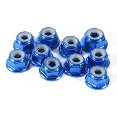 Afbeelding van Zelfborgende zeskantmoeren, 10 stuks M4 aluminium CNC moer met nylon flenzen, zelfvergrendelende voor metalen moeren (blauw)
