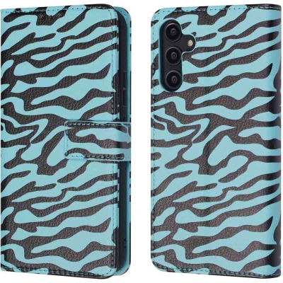 Afbeelding van iMoshion Hoesje Geschikt voor Samsung Galaxy A14 (5G) / (4G) Met Pasjeshouder Design Bookcase smartphone Meerkleurig Black Blue Stripes