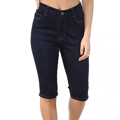 Afbeelding van Dames High Waist Denim Shorts Slim Fit Elastische Magische Vorm Casual Knielengte, Indigo