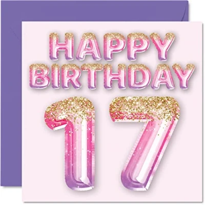 Afbeelding van Verjaardagskaart 17e verjaardag meisjes roze paarse glitter ballonnen verjaardagskaarten meisje 17 jaar zus kleindochter neef 145 mm x