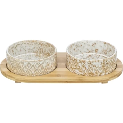 Afbeelding van Trixie Set Voerbak/Waterbak Keramiek/Bamboe Wit/Natuur 2X800 ml