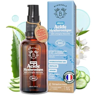 Image de BIONOBLE Sérum Visage Acide Hyaluronique Pur certifié Bio Soin Hydratant Anti Âge et Rides avec Aloe Vera Bouteille en Verre + Pompe Serum Made in France 30ml