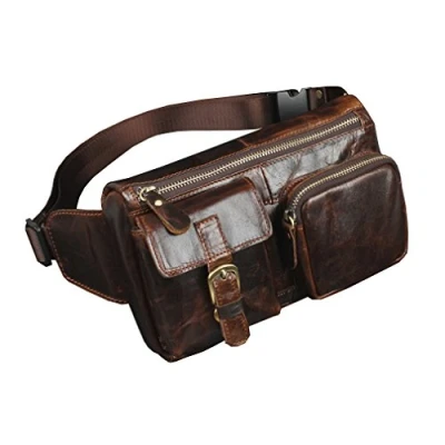 Afbeelding van Xieben Heuptas, vintage, leer, fanny bag voor dames, heren, op reis, het wandelen, hardlopen, met heupriem, mobiele telefoon, portemonnee, koffiekleur
