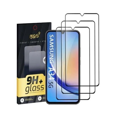 Afbeelding van UNO&#039; Samsung A34 (6,6 inch) displaybeschermfolie van 9H gehard glas, volledige afdekking met gebogen randen, ultrasterk, transparant, krasbestendig, anti vingerafdruk, zonder